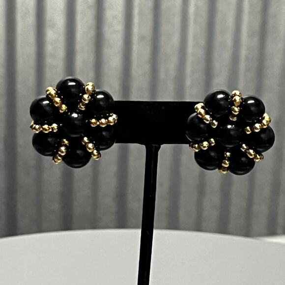 Black Beaded Flower Earrings Gold Trim Statement Studs Vintage Style Bold - Picture 2 of 4